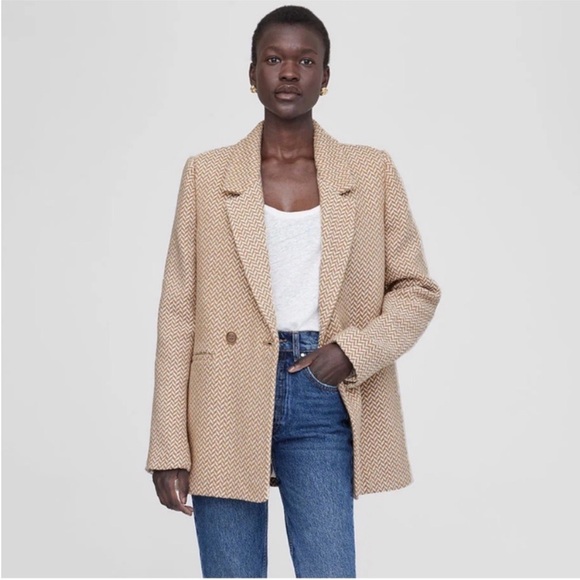 Anine Bing Tweed Herringbone Blazer Women’s Size Medium Tan Cream Double Breast‎ - Picture 1 of 12